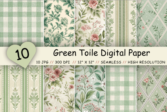 Download Green Toile Digital Paper Pack, Vintage - Green Collection
