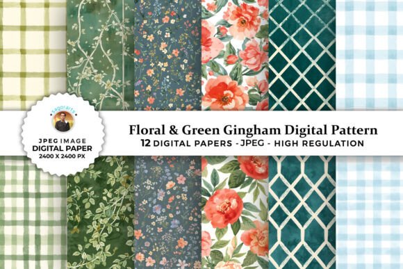 Download Floral &amp; Green Gingham Digital Patterns - Green Collection